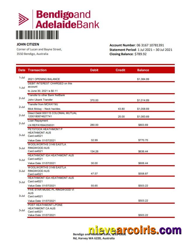 Australia Bendigo and Adelaide Bank bank statement xls